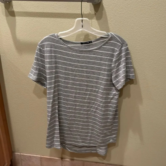 Pink Clover woman's gray and white long striped tee shirt with buttons on back - Picture 1 of 9